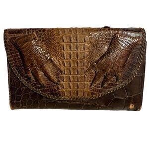 Vintage Hornback ALLIGATOR Clutch Exotic Leather Brown 3D Claws Luxury Sz 10X6”